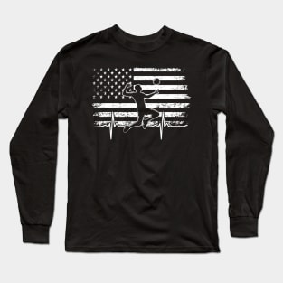 Volleyball Player Retro American Flag Volleyball Heartbeat Long Long Sleeve T-Shirt